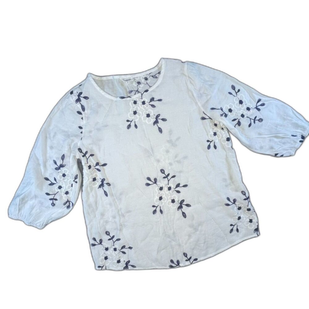 Kindred Anthropologie White Navy Floral Embroidered Boho Peasant Blouse sz PL